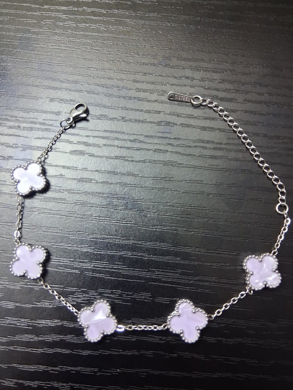 Light Lavender Clover Silver Stainless Steel Bracelet